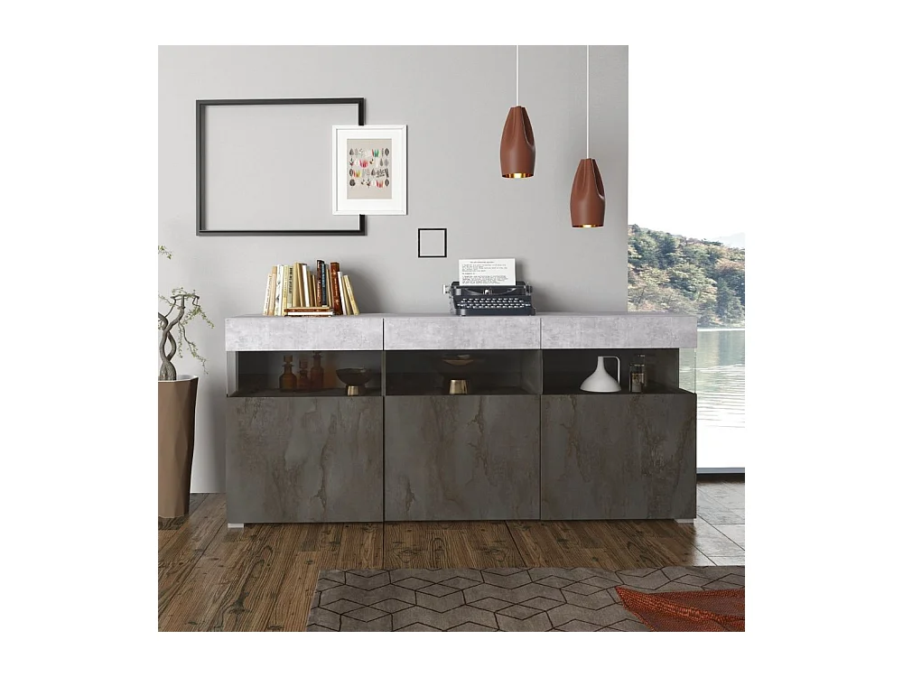 Madia Itaca 3 ante ossido e cemento con dettagli in vetro 180x41.2x80H – Ordine ed Eleganza
