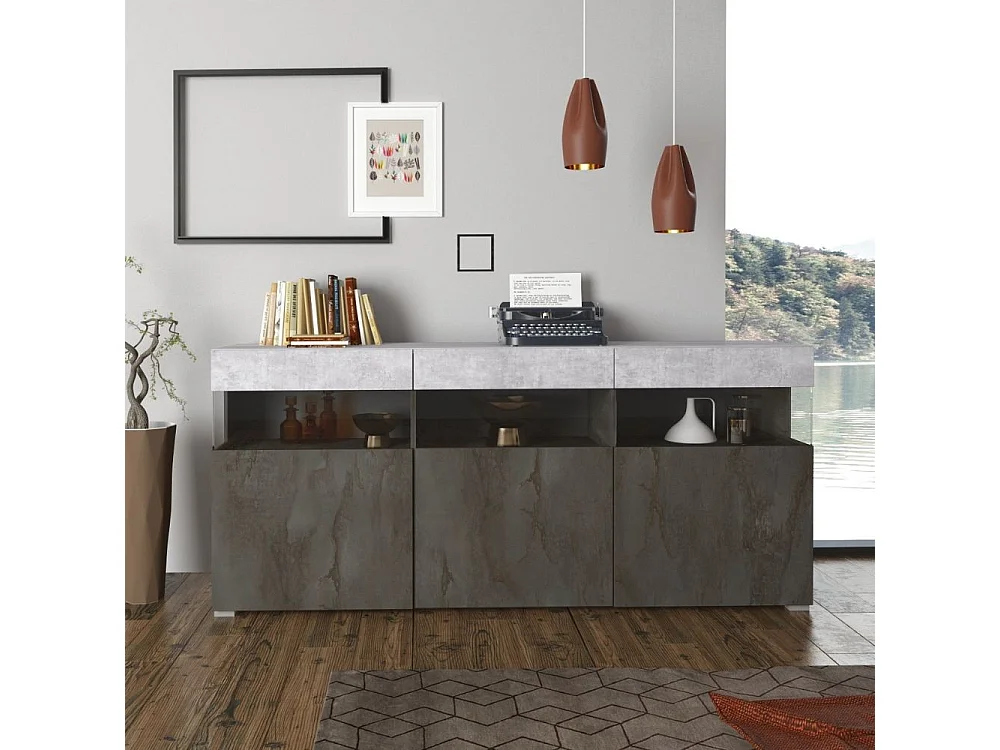 Madia Itaca 3 ante ossido e cemento con dettagli in vetro 180x41.2x80H – Ordine ed Eleganza