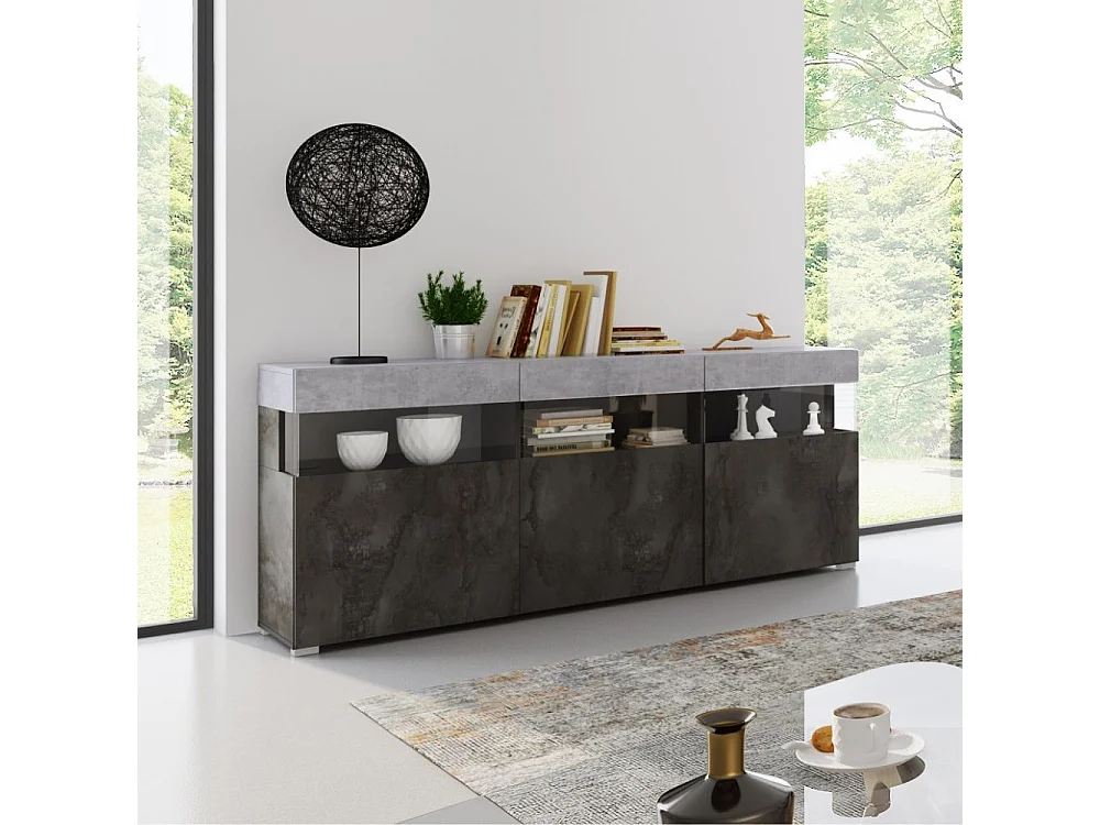 Madia Itaca 3 ante ossido e cemento con dettagli in vetro 180x41.2x80H – Ordine ed Eleganza