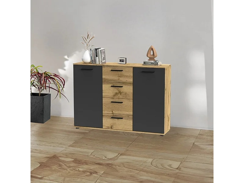 Credenza 2 ante e 4 cassetti rovere e antracite Berno4 120,2x32,5x85,3h