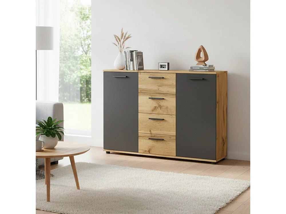 Credenza 2 ante e 4 cassetti rovere e antracite Berno4 120,2x32,5x85,3h