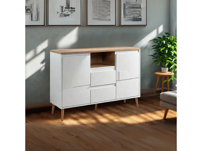 Madia 2 ante e 2 cassetti bianca con top rovere Linz01B 120x38x85H