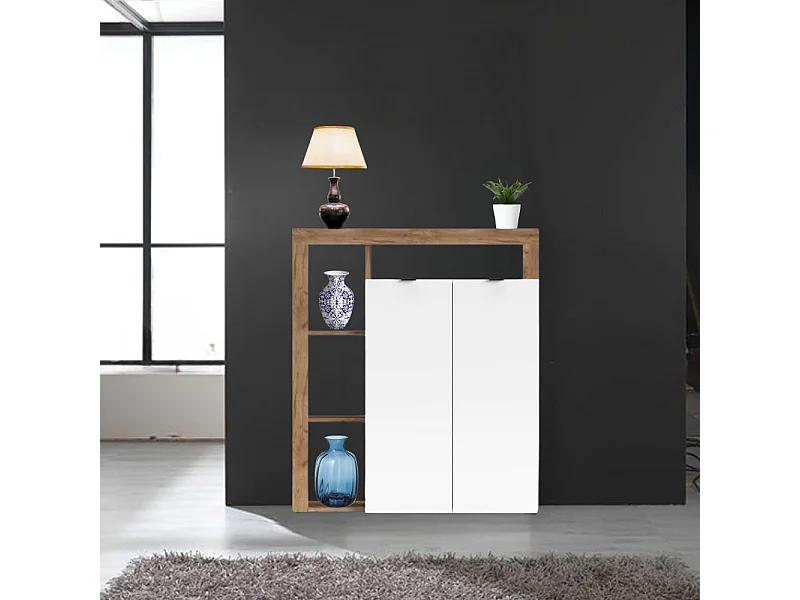 Credenza 2 ante e cornice con vani a giorno rovere tabacco e bianco Nexon2 108x41x126H