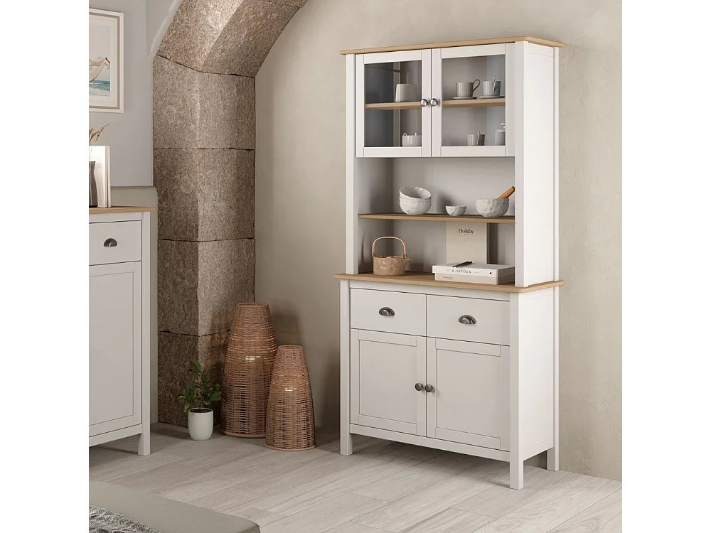 Vaisselier 4 portes 2 tiroirs en bois massif blanc 90 cm - Macha
