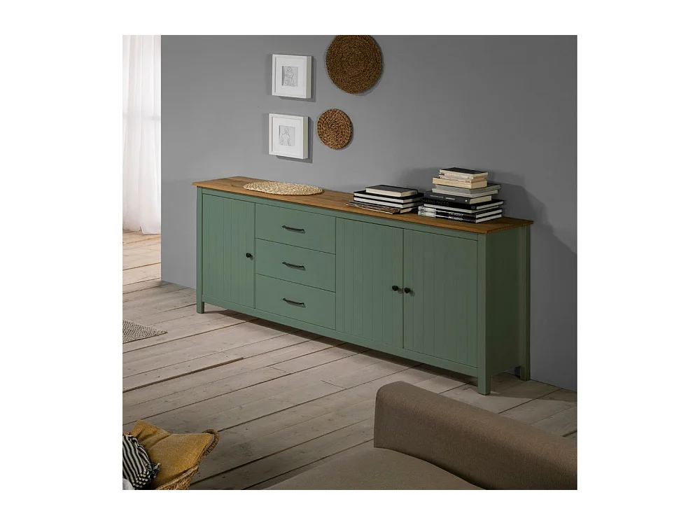 Credenza Miranda in legno massiccio colore verde e pino 191x40x80H - 3 Ante e 3 cassetti