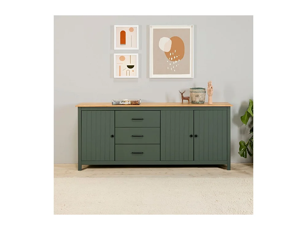 Credenza Miranda in legno massiccio colore verde e pino 191x40x80H - 3 Ante e 3 cassetti