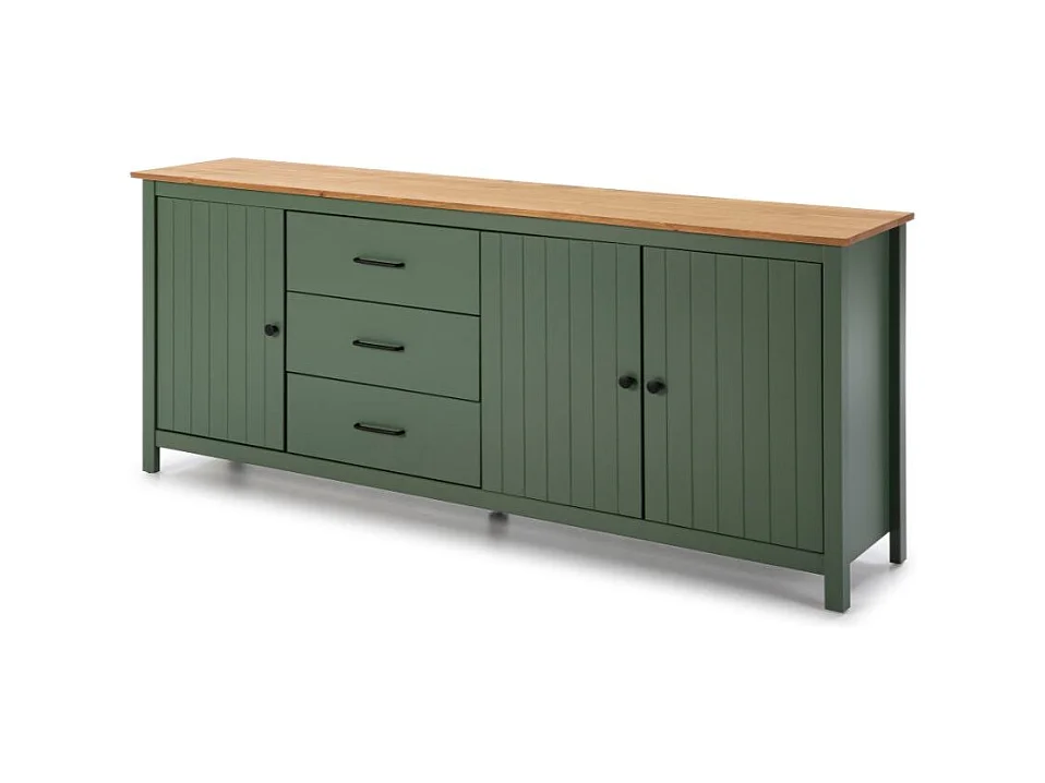 Credenza Miranda in legno massiccio colore verde e pino 191x40x80H - 3 Ante e 3 cassetti