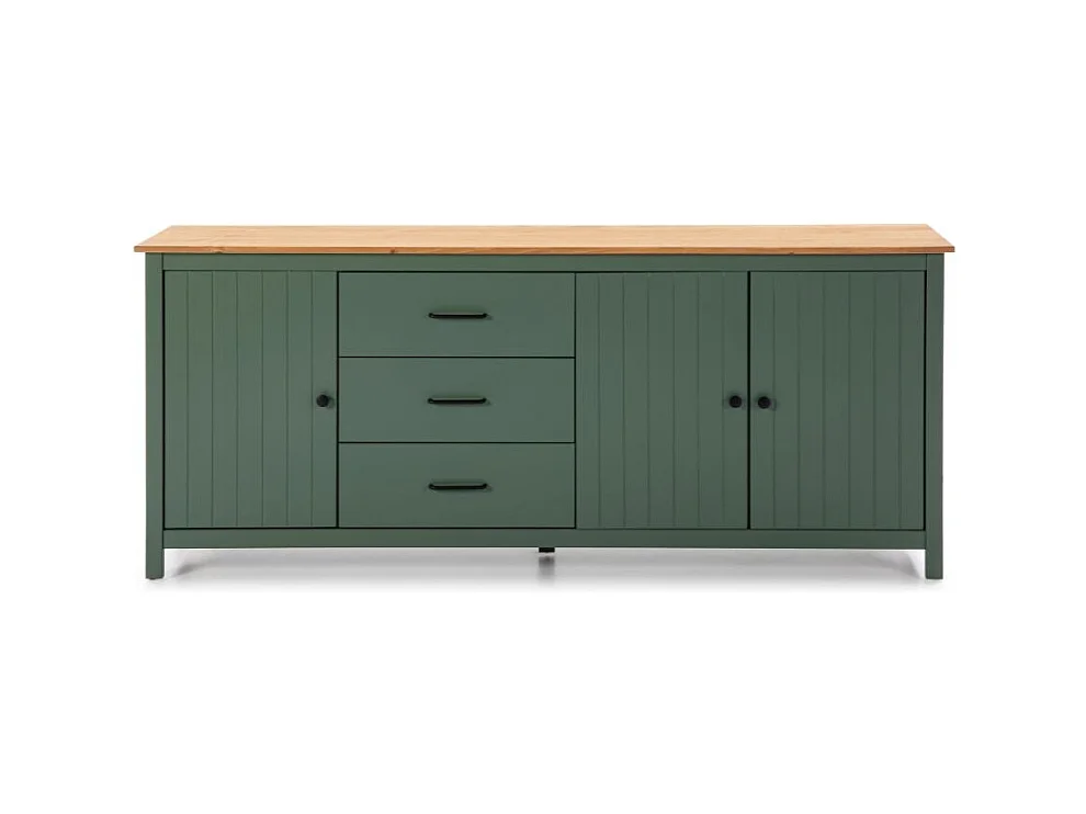 Credenza Miranda in legno massiccio colore verde e pino 191x40x80H - 3 Ante e 3 cassetti
