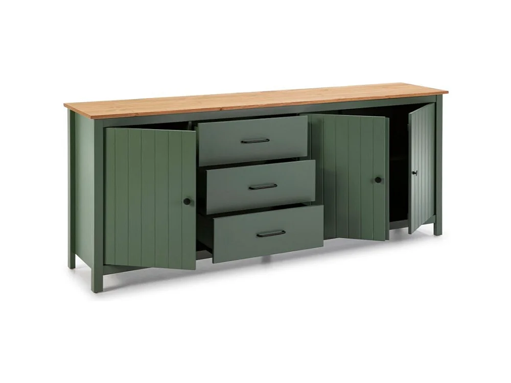 Credenza Miranda in legno massiccio colore verde e pino 191x40x80H - 3 Ante e 3 cassetti