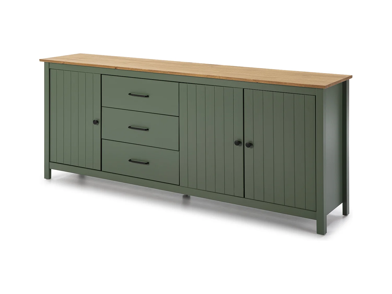 Credenza Miranda in legno massiccio colore verde e pino 191x40x80H - 3 Ante e 3 cassetti