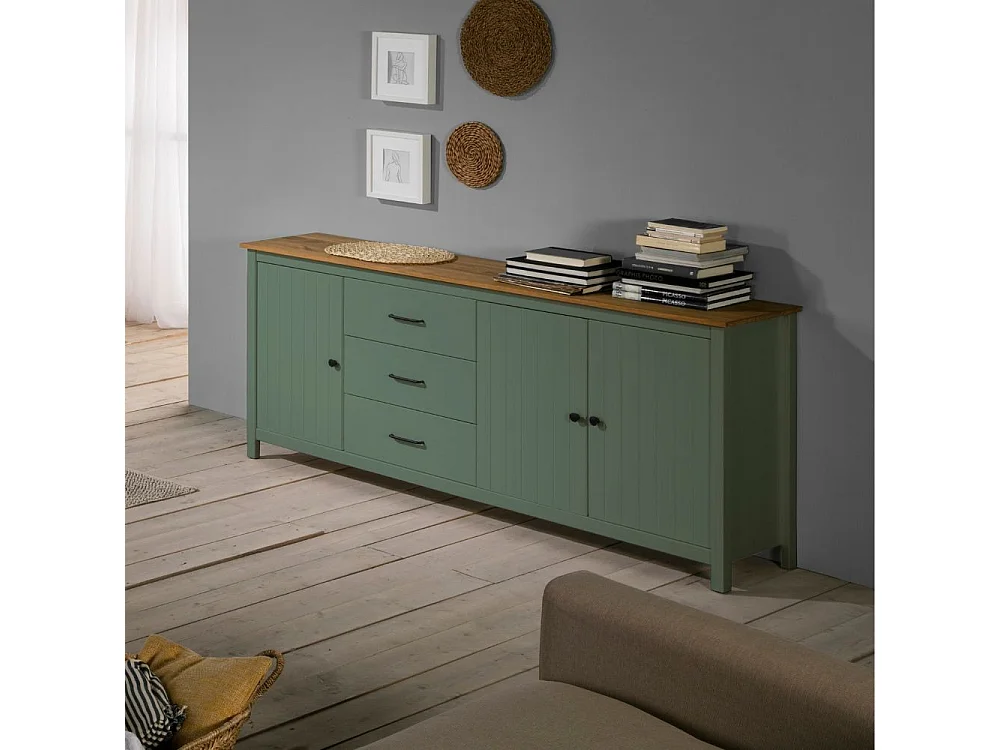 Credenza Miranda in legno massiccio colore verde e pino 191x40x80H - 3 Ante e 3 cassetti