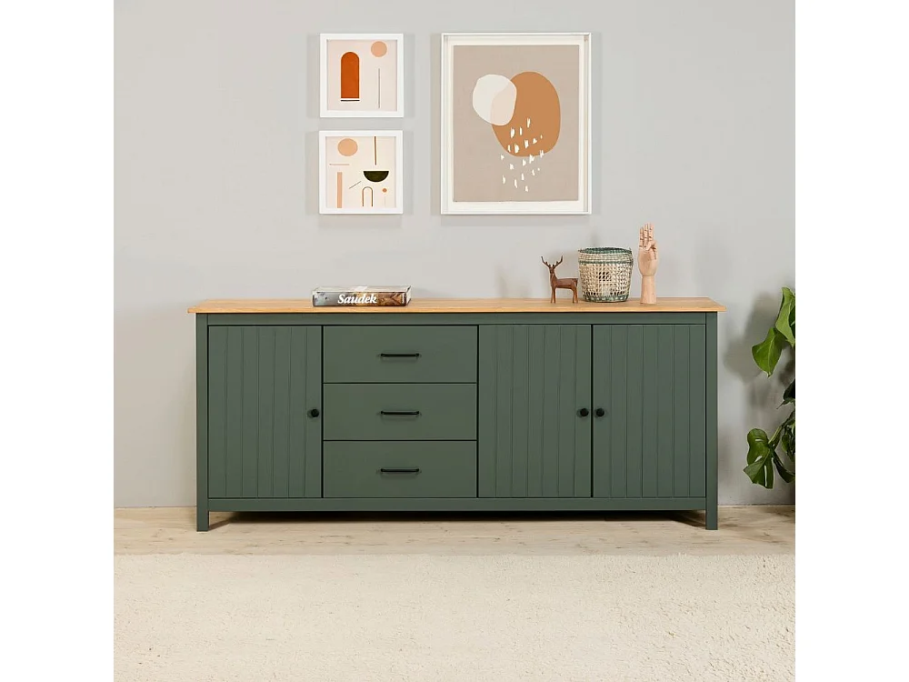 Credenza Miranda in legno massiccio colore verde e pino 191x40x80H - 3 Ante e 3 cassetti