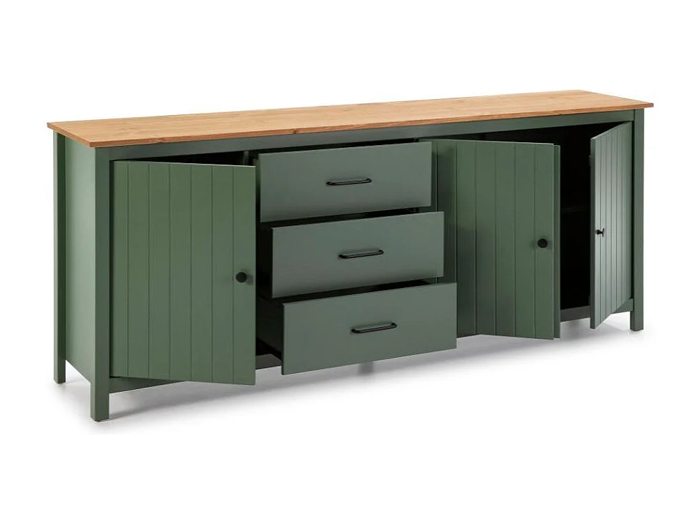 Credenza Miranda in legno massiccio colore verde e pino 191x40x80H - 3 Ante e 3 cassetti