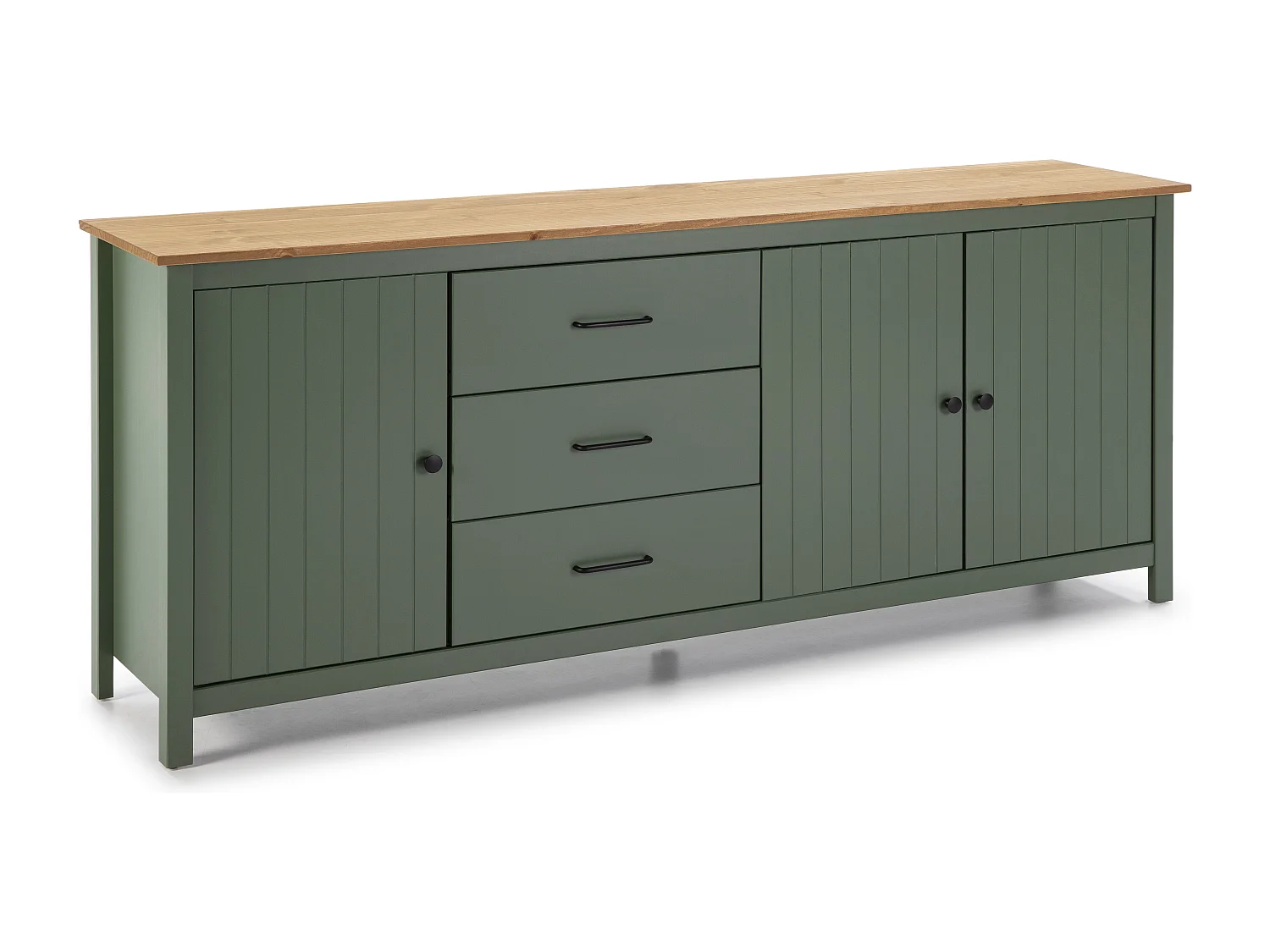 Credenza Miranda in legno massiccio colore verde e pino 191x40x80H - 3 Ante e 3 cassetti