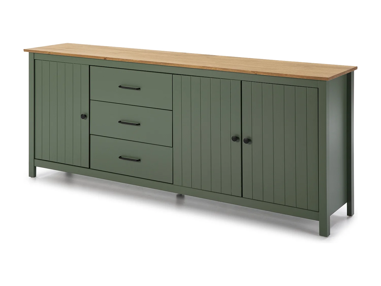 Credenza Miranda in legno massiccio colore verde e pino 191x40x80H - 3 Ante e 3 cassetti