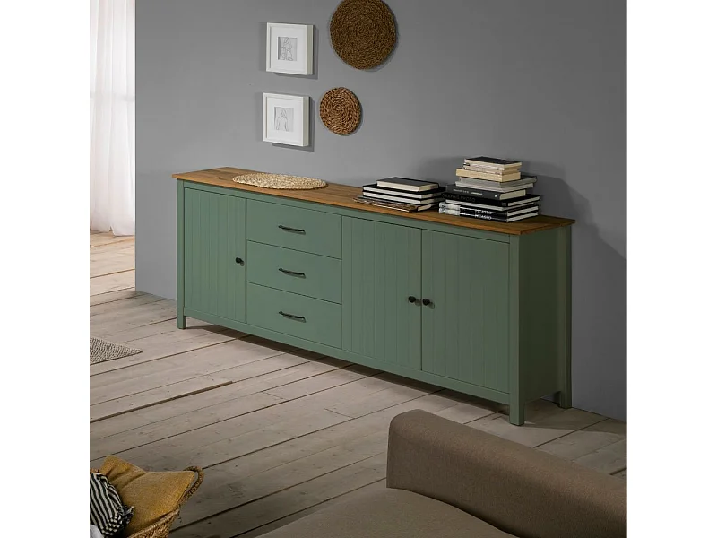 Credenza Miranda in legno massiccio colore verde e pino 191x40x80H - 3 Ante e 3 cassetti