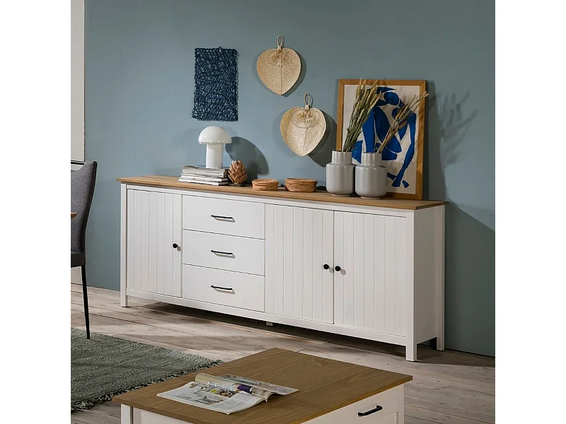 Credenza Miranda in legno massiccio colore bianco e pino 191x40x80H - 3 Ante e 3 cassetti