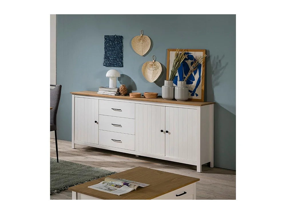 Credenza Miranda in legno massiccio colore bianco e pino 191x40x80H - 3 Ante e 3 cassetti
