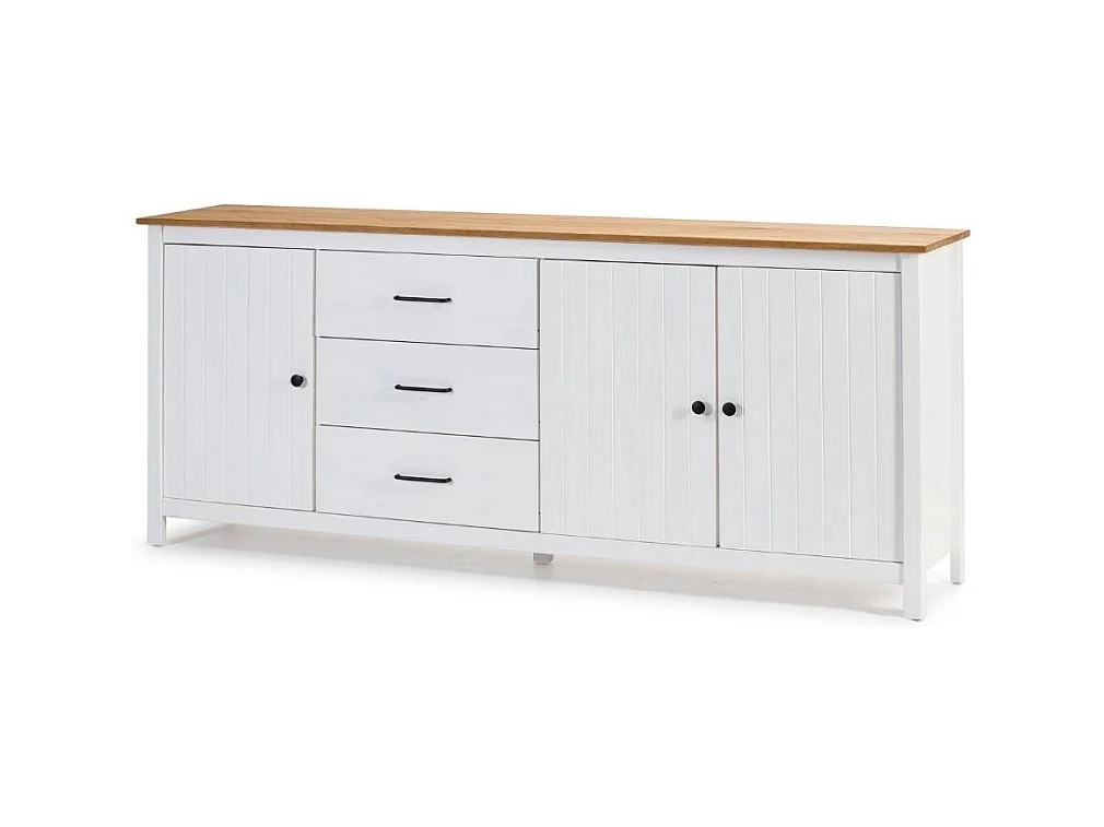 Credenza Miranda in legno massiccio colore bianco e pino 191x40x80H - 3 Ante e 3 cassetti