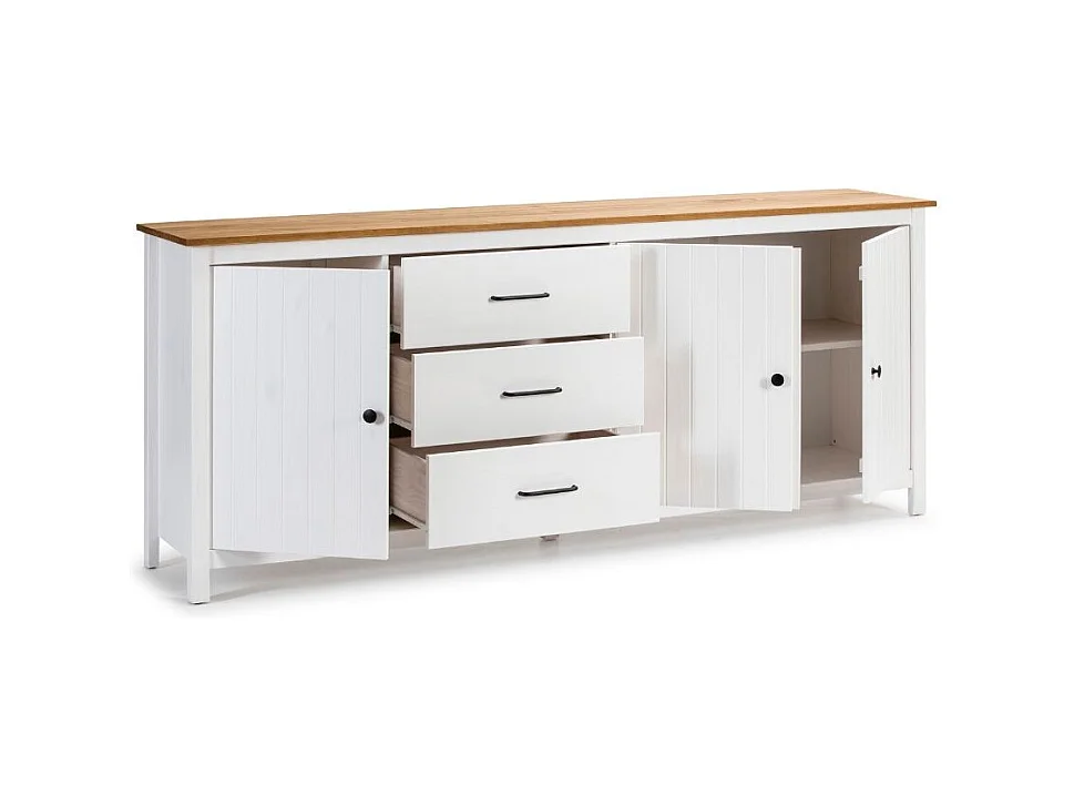 Credenza Miranda in legno massiccio colore bianco e pino 191x40x80H - 3 Ante e 3 cassetti