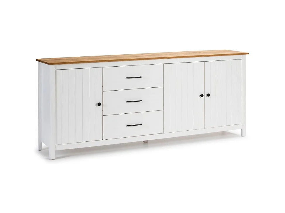 Credenza Miranda in legno massiccio colore bianco e pino 191x40x80H - 3 Ante e 3 cassetti