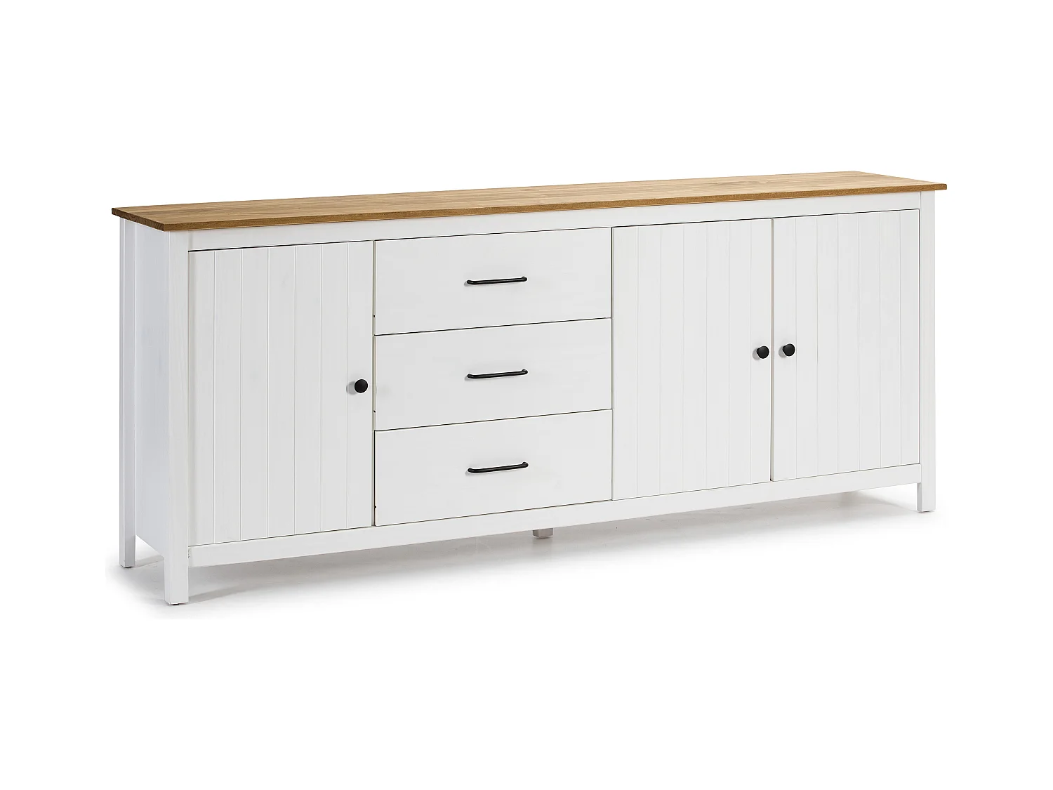 Credenza Miranda in legno massiccio colore bianco e pino 191x40x80H - 3 Ante e 3 cassetti