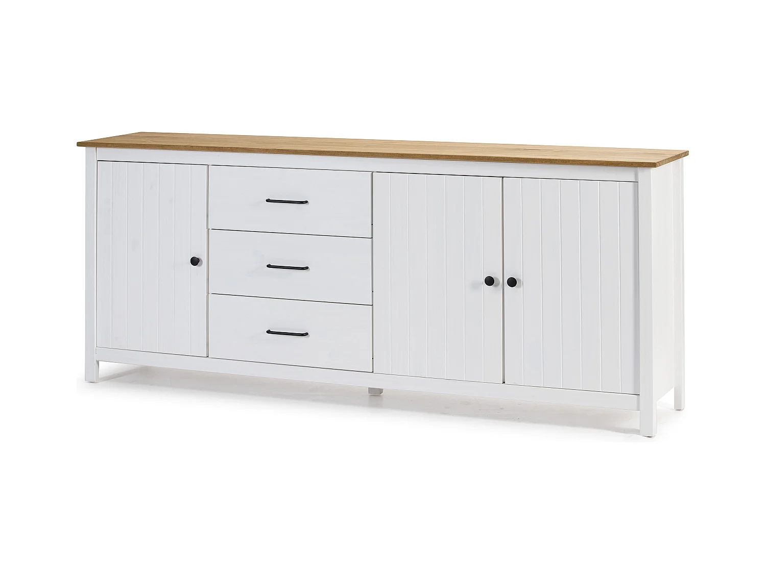 Credenza Miranda in legno massiccio colore bianco e pino 191x40x80H - 3 Ante e 3 cassetti