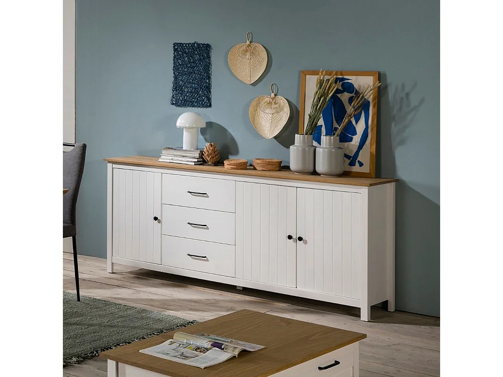 Buffet 3 portes 3 tiroirs en pin massif blanc 190 cm - Ida
