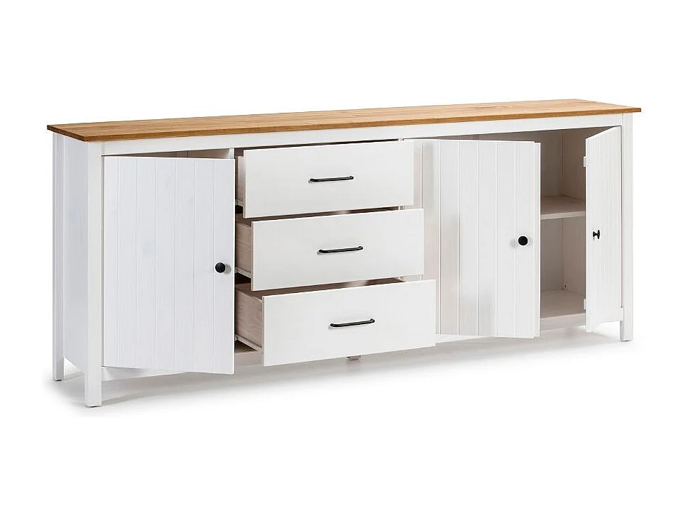 Buffet 3 portes 3 tiroirs en pin massif blanc 190 cm - Ida