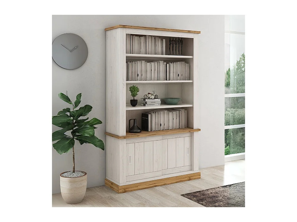 Credenza Libreria colore pino bianco e rovere 3 ripiani e 2 ante scorrevoli AnthonyIII 121.5x39,6x196H