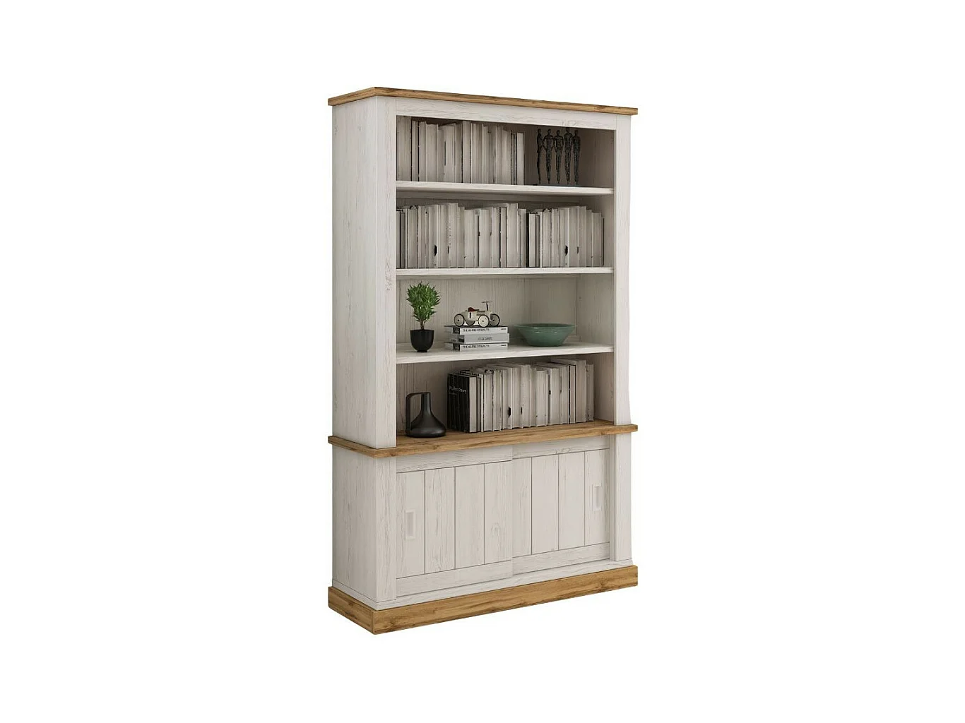 Credenza Libreria colore pino bianco e rovere 3 ripiani e 2 ante scorrevoli AnthonyIII 121.5x39,6x196H