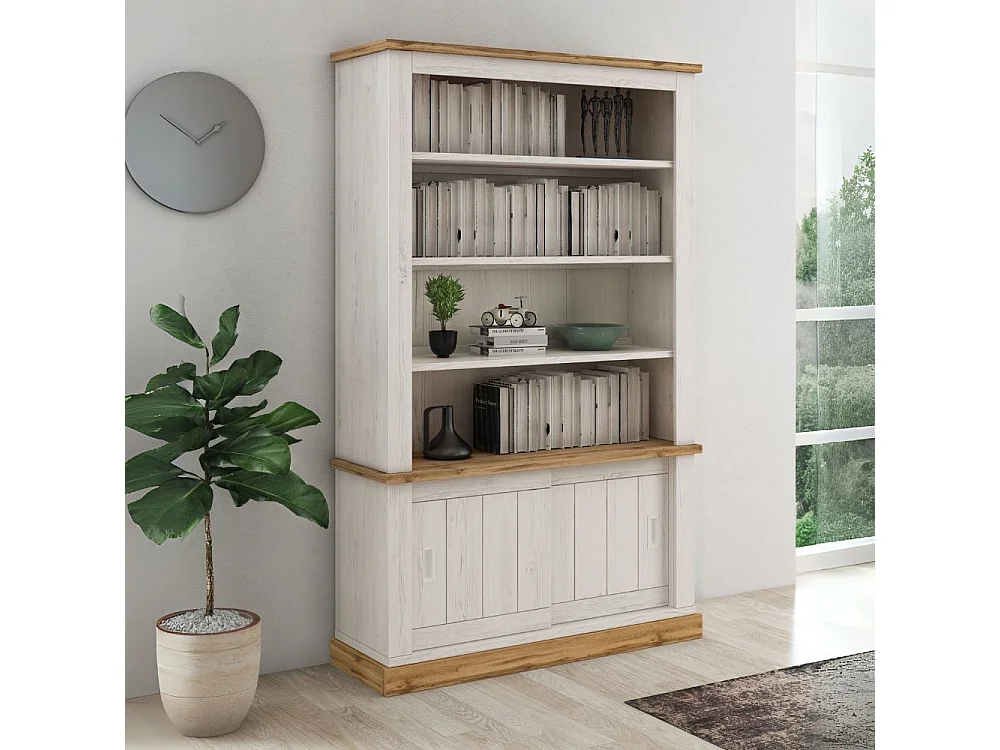 Credenza Libreria colore pino bianco e rovere 3 ripiani e 2 ante scorrevoli AnthonyIII 121.5x39,6x196H