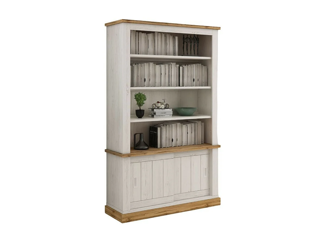 Credenza Libreria colore pino bianco e rovere 3 ripiani e 2 ante scorrevoli AnthonyIII 121.5x39,6x196H