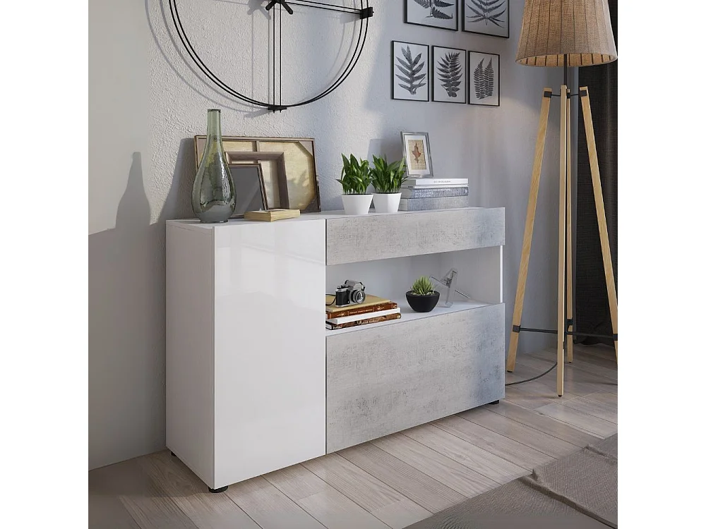 Madia Astra cemento e bianco con 2 ante cassetto e vano a giorno 130x41.2x82H