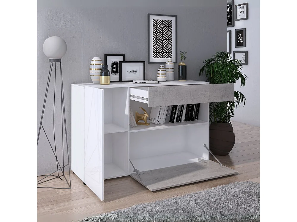 Madia Astra cemento e bianco con 2 ante cassetto e vano a giorno 130x41.2x82H