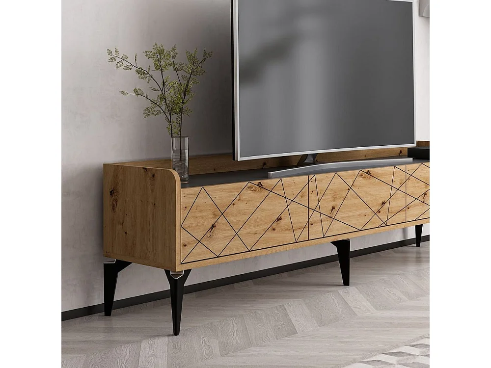Mobile porta TV Raya rovere nodato 180x35x49H: Stile Geometrico e raffinatezza per un soggiorno di tendenza