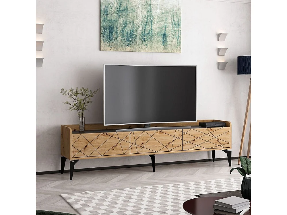 Mobile porta TV Raya rovere nodato 180x35x49H: Stile Geometrico e raffinatezza per un soggiorno di tendenza