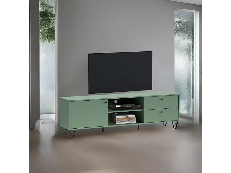 Mobile porta Tv Aldo1 con anta cassetti e vano a giorno 182x40x50,1H colore verde