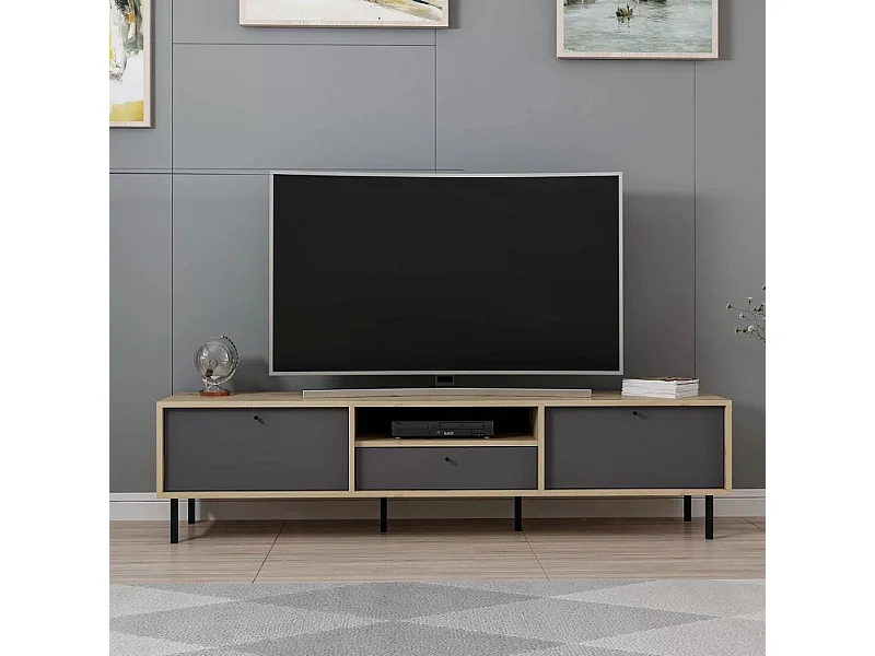 Porta TV Lida antracite e rovere 180x40x45H con 3 ante e vano a giorno