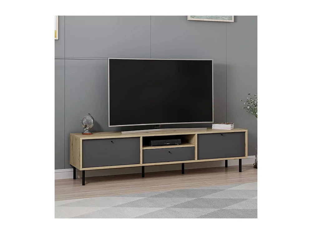 Porta TV Lida antracite e rovere 180x40x45H con 3 ante e vano a giorno