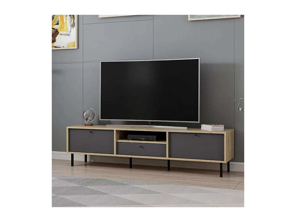 Porta TV Lida antracite e rovere 180x40x45H con 3 ante e vano a giorno