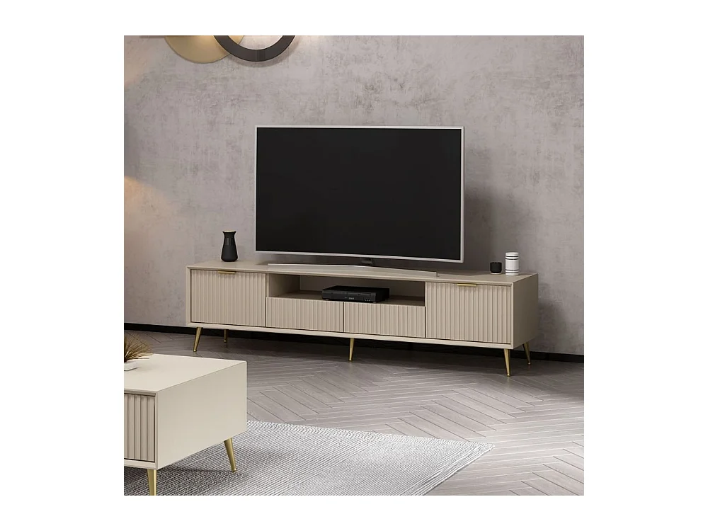 Porta TV Kale cashmere effetto cannettato con piedi in metallo oro 180x35x45H