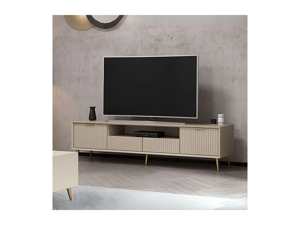 Porta TV Kale cashmere effetto cannettato con piedi in metallo oro 180x35x45H