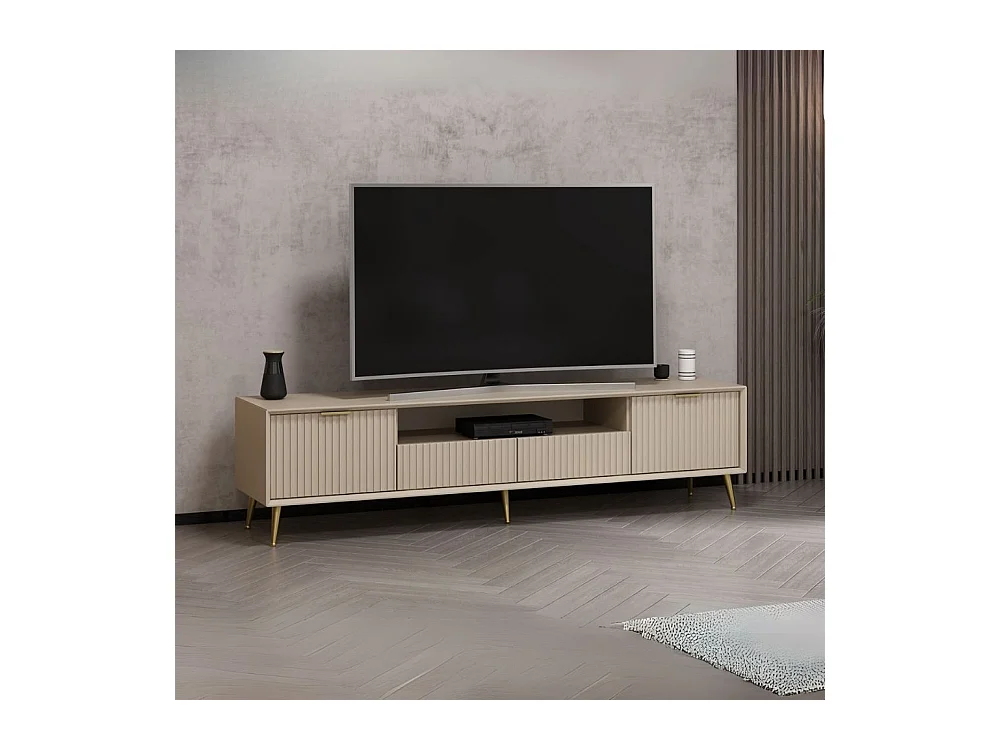 Porta TV Kale cashmere effetto cannettato con piedi in metallo oro 180x35x45H