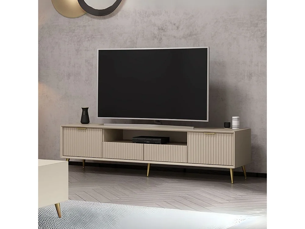 Porta TV Kale cashmere effetto cannettato con piedi in metallo oro 180x35x45H