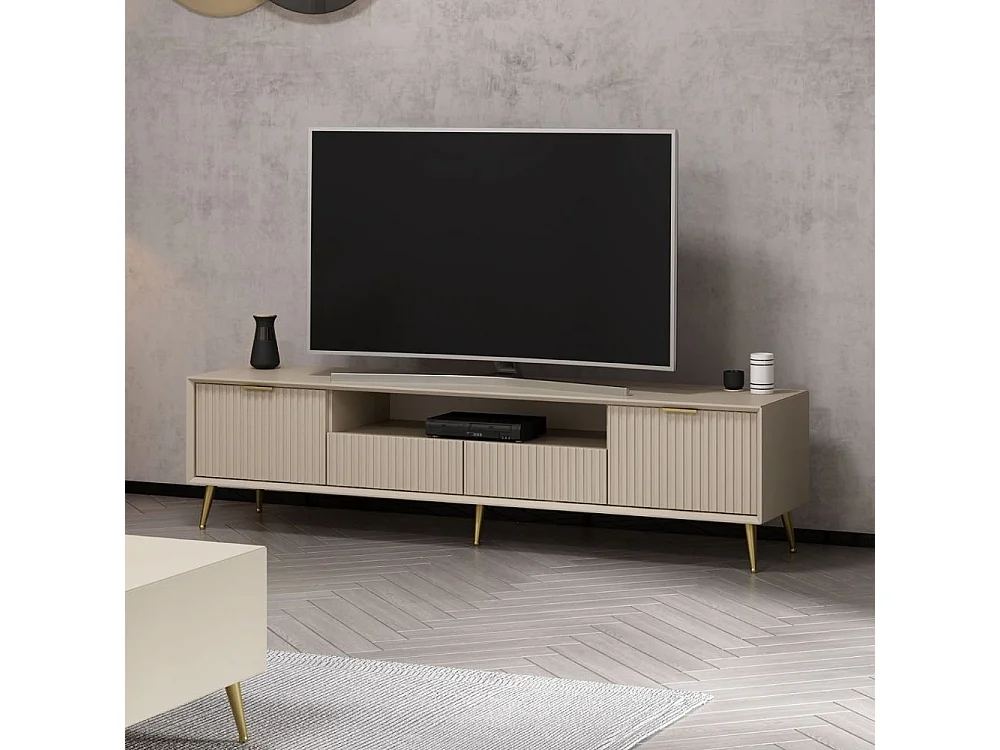 Porta TV Kale cashmere effetto cannettato con piedi in metallo oro 180x35x45H
