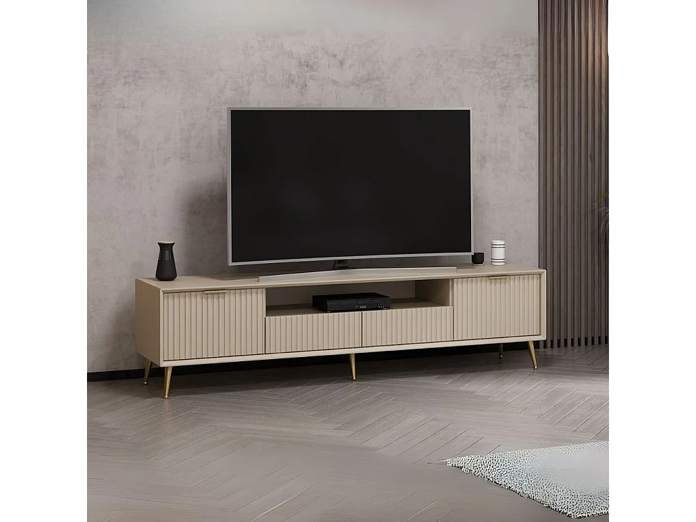Porta TV Kale cashmere effetto cannettato con piedi in metallo oro 180x35x45H