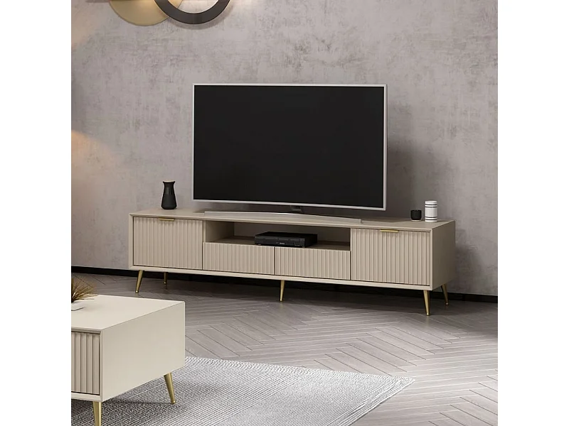 Porta TV Kale cashmere effetto cannettato con piedi in metallo oro 180x35x45H