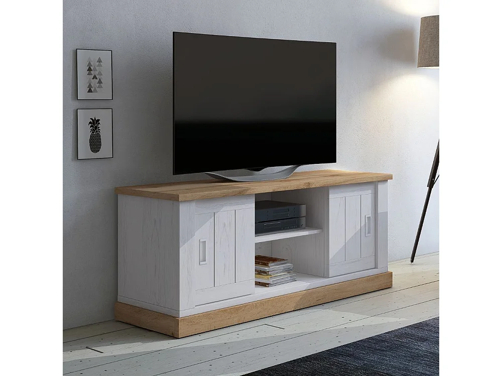 Mobile porta TV colore pino bianco e rovere vano a giorno e 2 ante scorrevoli AnthonyIII 145x46x60H