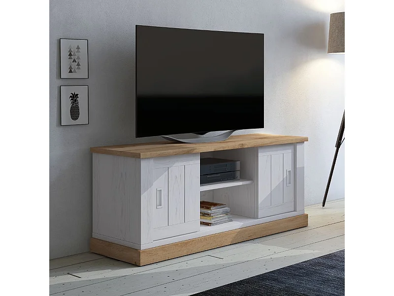 Mobile porta TV colore pino bianco e rovere vano a giorno e 2 ante scorrevoli AnthonyIII 145x46x60H